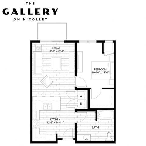 Floor plan for 1 bed, 1 bath, 728 sqft